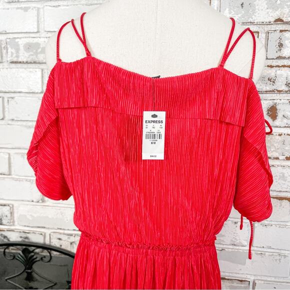 Express Vibrant Red A-Line Crinkle Material Laced Shoulders Retro Midi Dress M - Picture 7 of 9